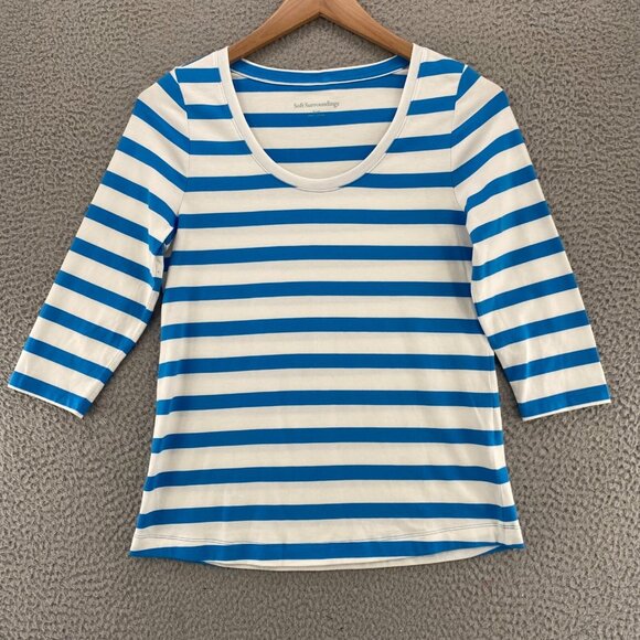 Soft Surroundings Top Women Small Blue Striped SoftEssential Supima 3/4 Sleeve - Picture 1 of 11